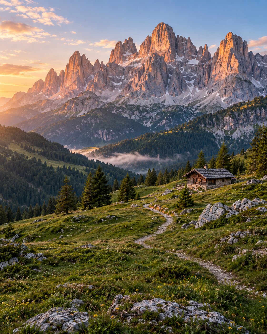 Bergpfad und Hütte vor den Dolomiten in Südtirol